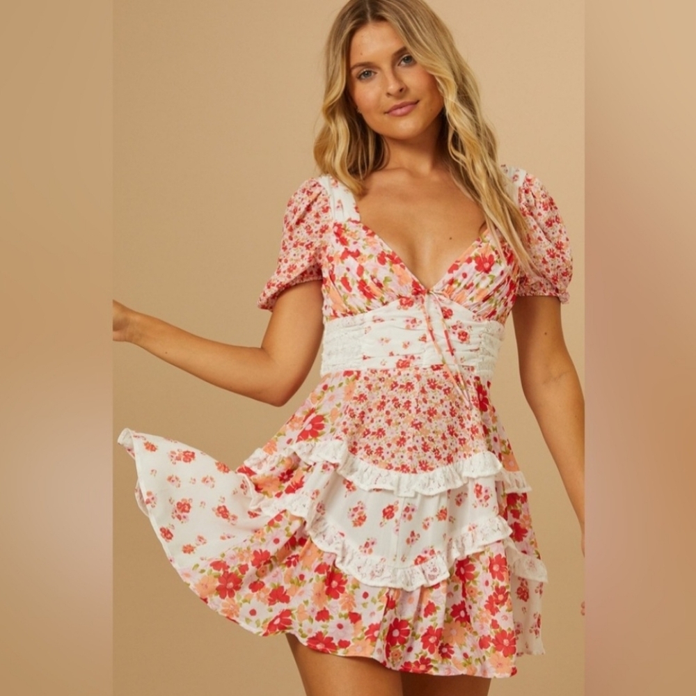 Altar'd State White Mini Dress with Pink & Red Floral Print